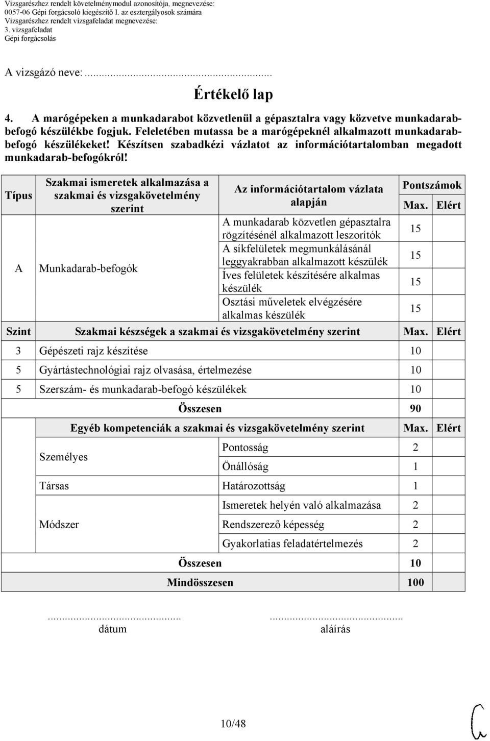 Típus Szakmai ismeretek alkalmazása a Pontszámok szakmai és vizsgakövetelmény alapján szerint A munkadarab közvetlen gépasztalra rögzítésénél alkalmazott leszorítók A Munkadarab-befogók A