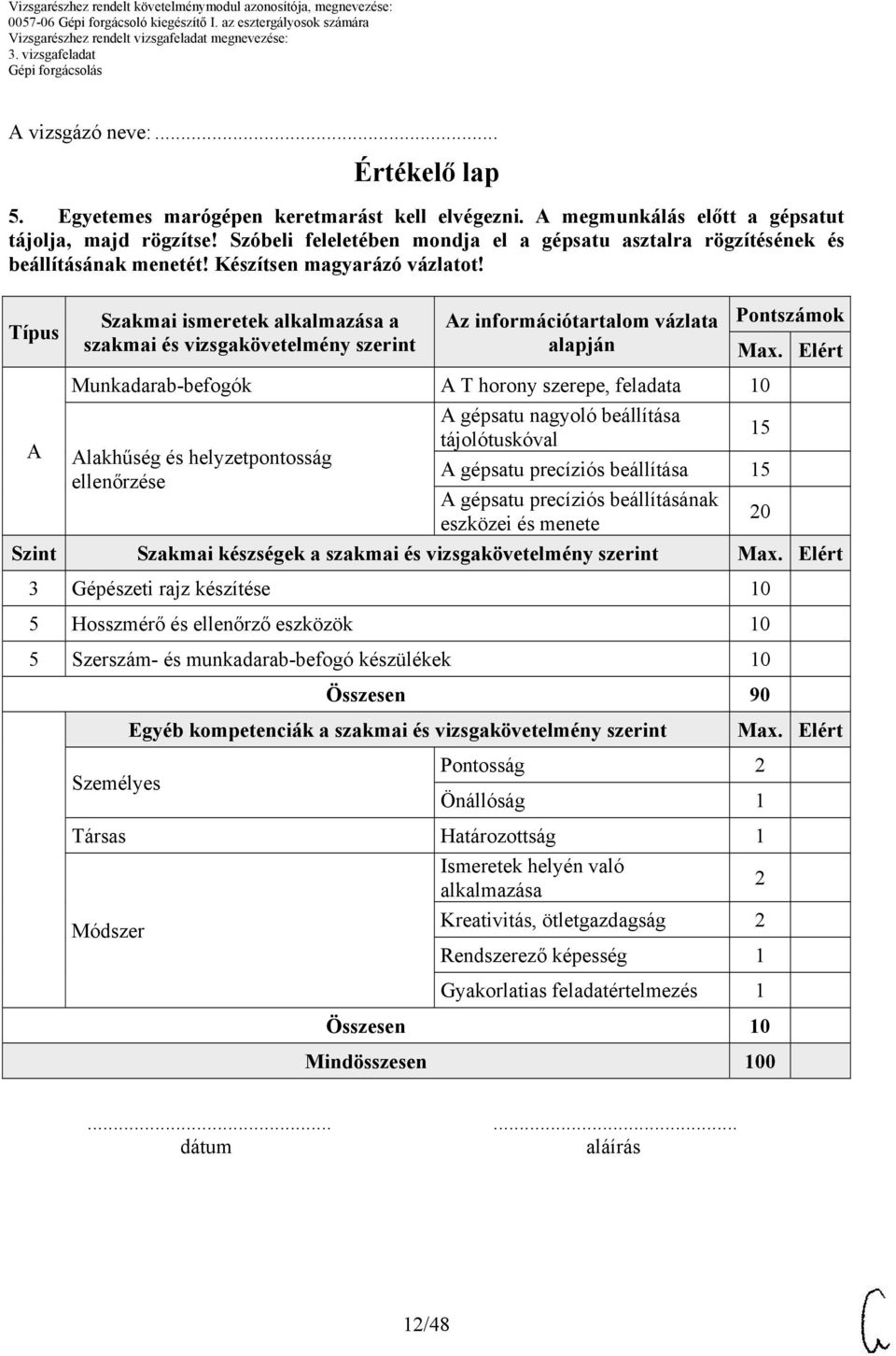 Típus Szakmai ismeretek alkalmazása a szakmai és vizsgakövetelmény szerint alapján Pontszámok A Munkadarab-befogók A T horony szerepe, feladata 10 Alakhűség és helyzetpontosság ellenőrzése A gépsatu