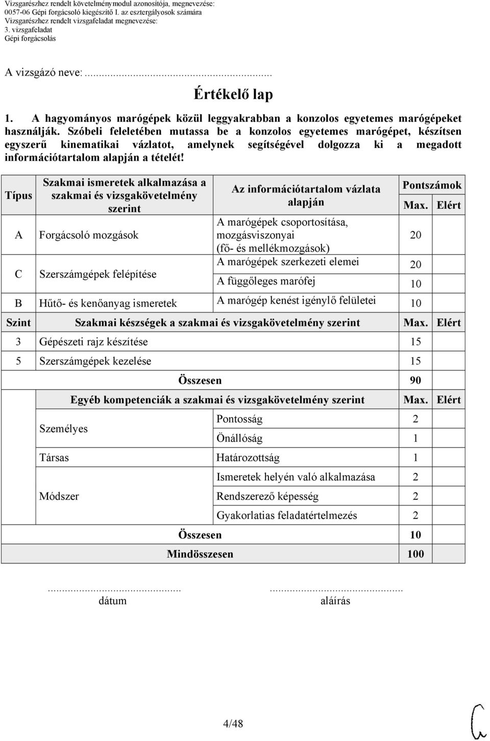 Típus A C Szakmai ismeretek alkalmazása a szakmai és vizsgakövetelmény szerint Forgácsoló mozgások Szerszámgépek felépítése alapján A marógépek csoportosítása, mozgásviszonyai 20 (fő- és