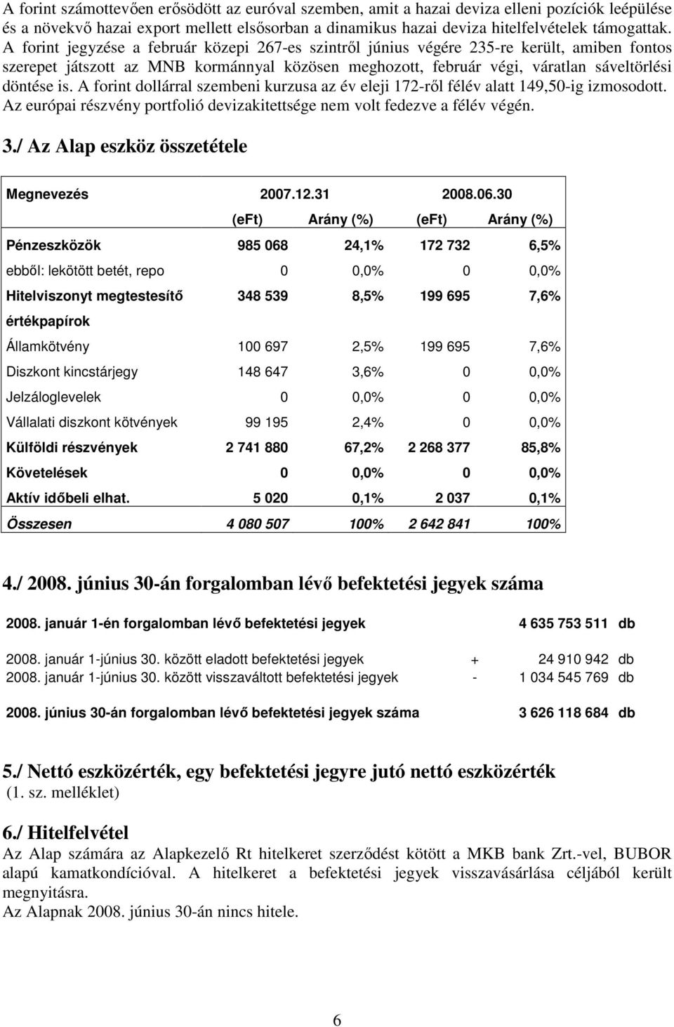 A forint dollárral szembeni kurzusa az év eleji 172-rıl félév alatt 149,50-ig izmosodott. Az európai részvény portfolió devizakitettsége nem volt fedezve a félév végén. 3.