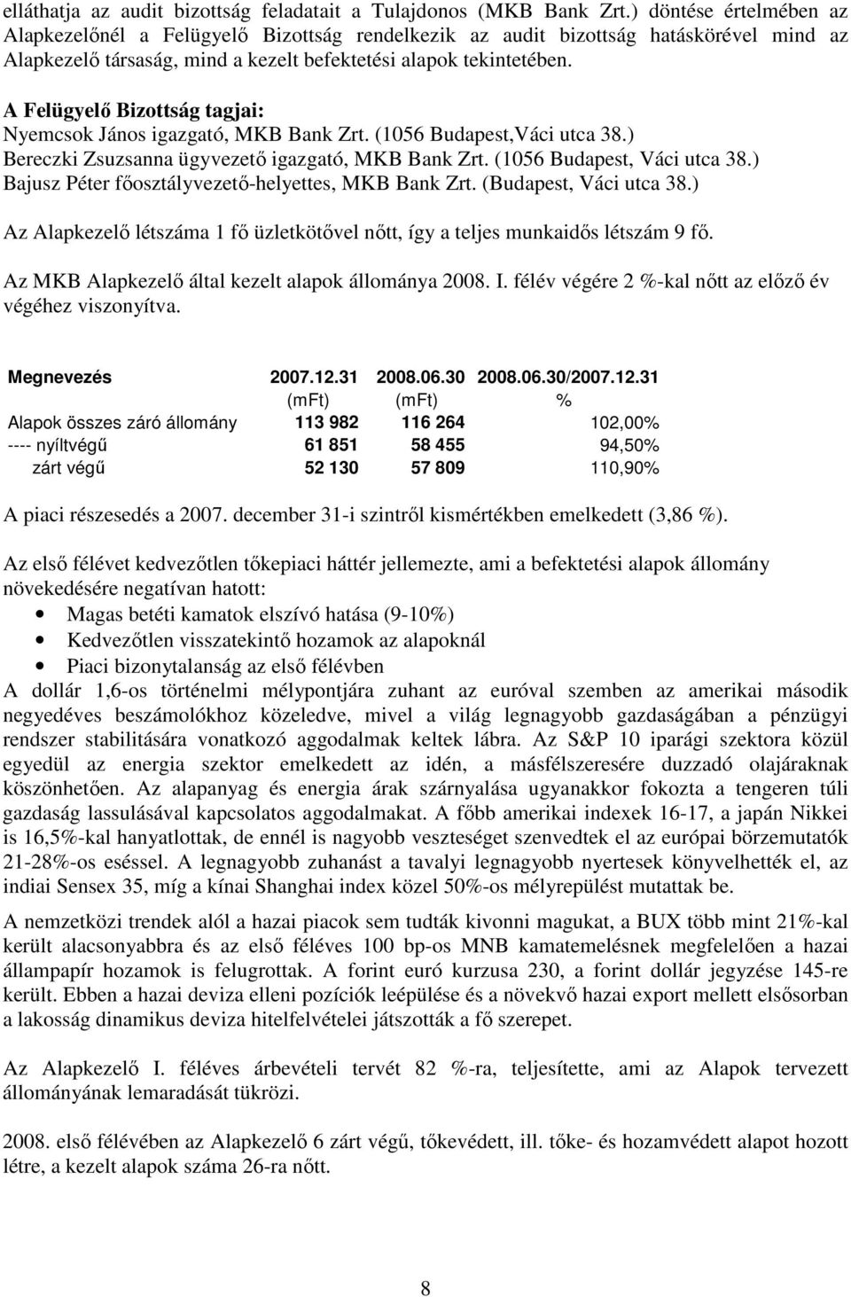 A Felügyelı Bizottság tagjai: Nyemcsok János igazgató, MKB Bank Zrt. (1056 Budapest,Váci utca 38.) Bereczki Zsuzsanna ügyvezetı igazgató, MKB Bank Zrt. (1056 Budapest, Váci utca 38.