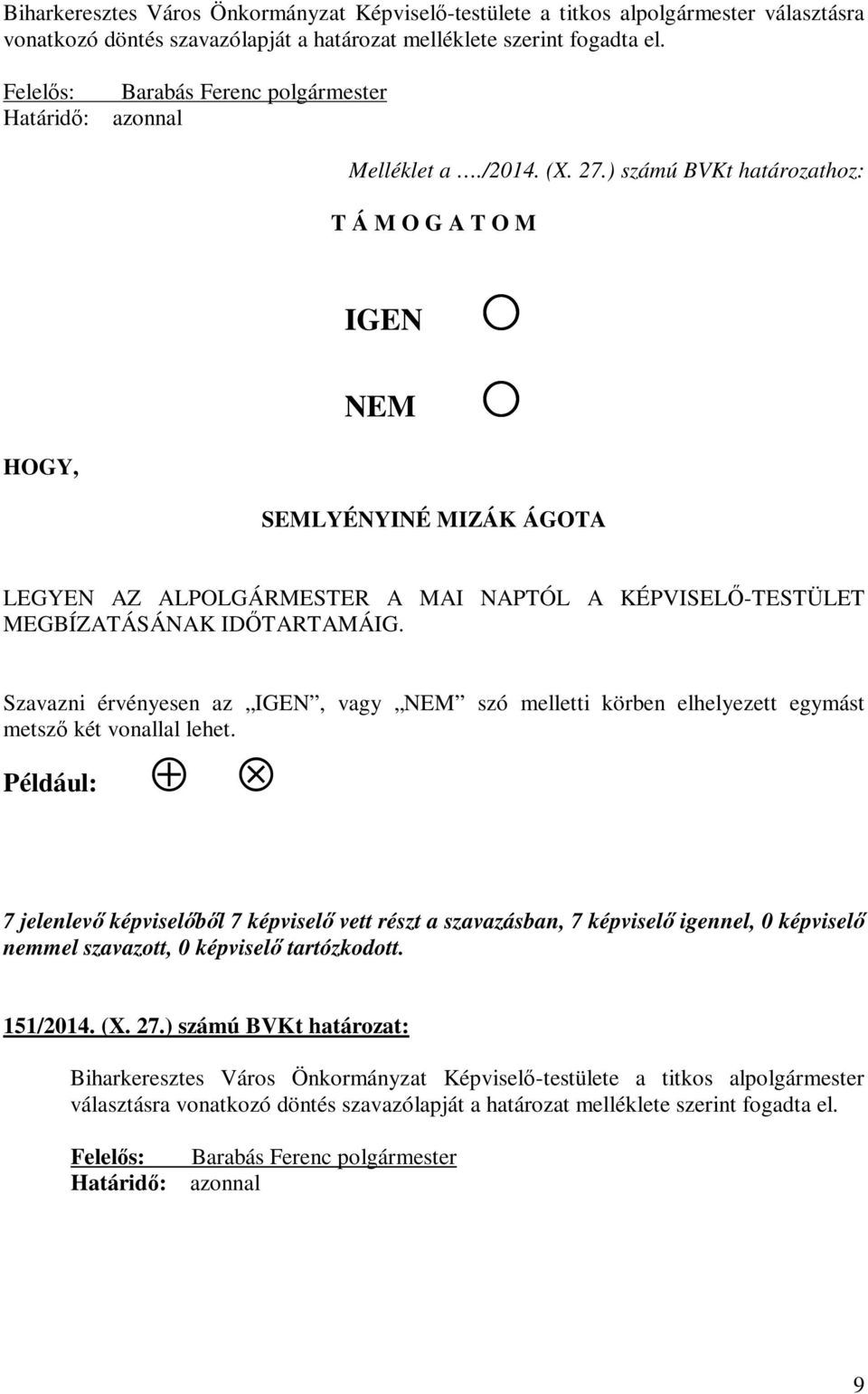 ) számú BVKt határozathoz: T Á M O G A T O M IGEN NEM HOGY, SEMLYÉNYINÉ MIZÁK ÁGOTA LEGYEN AZ ALPOLGÁRMESTER A MAI NAPTÓL A KÉPVISELŐ-TESTÜLET MEGBÍZATÁSÁNAK IDŐTARTAMÁIG.