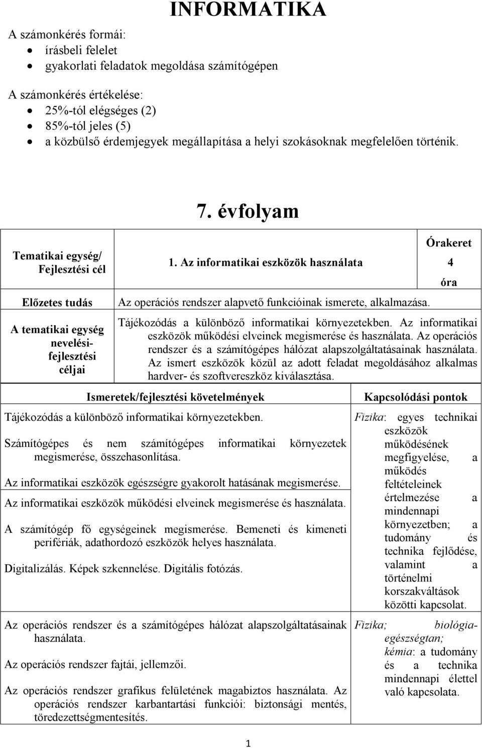 1 Órakeret Tájékozódás a különböző informatikai környezetekben. Az informatikai eszközök működési elveinek megismerése és használata.