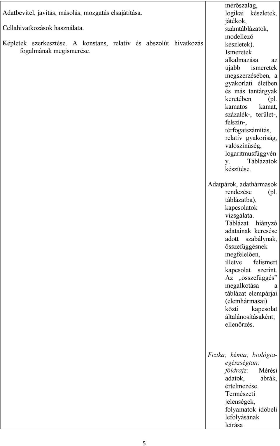 kamatos kamat, százalék-, terület-, felszín-, térfogatszámítás, relatív gyakoriság, valószínűség, logaritmusfüggvén y. Táblázatok készítése. Adatpárok, adathármasok rendezése (pl.