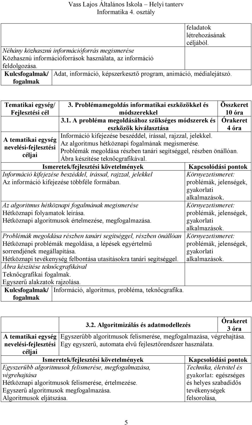 óra 3.1. A probléma megoldásához szükséges módszerek és eszközök kiválasztása 4 óra Információ kifejezése beszéddel, írással, rajzzal, jelekkel.