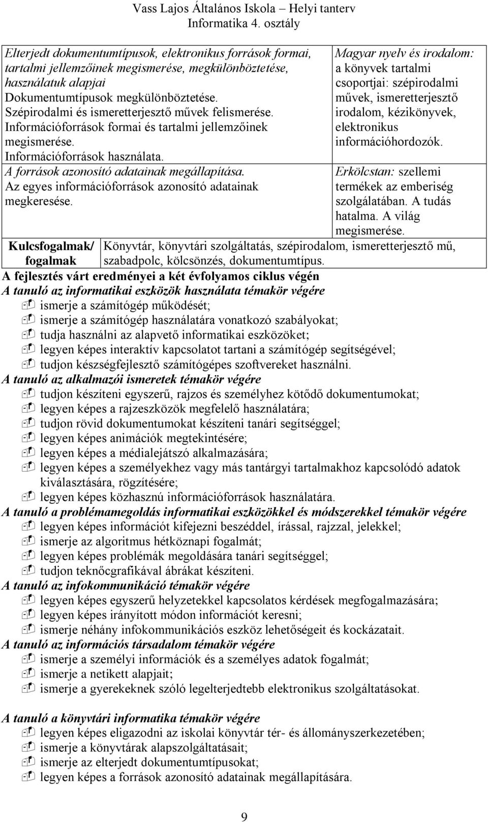 Az egyes információforrások azonosító adatainak megkeresése. irodalom: a könyvek tartalmi csoportjai: szépirodalmi művek, ismeretterjesztő irodalom, kézikönyvek, elektronikus információhordozók.