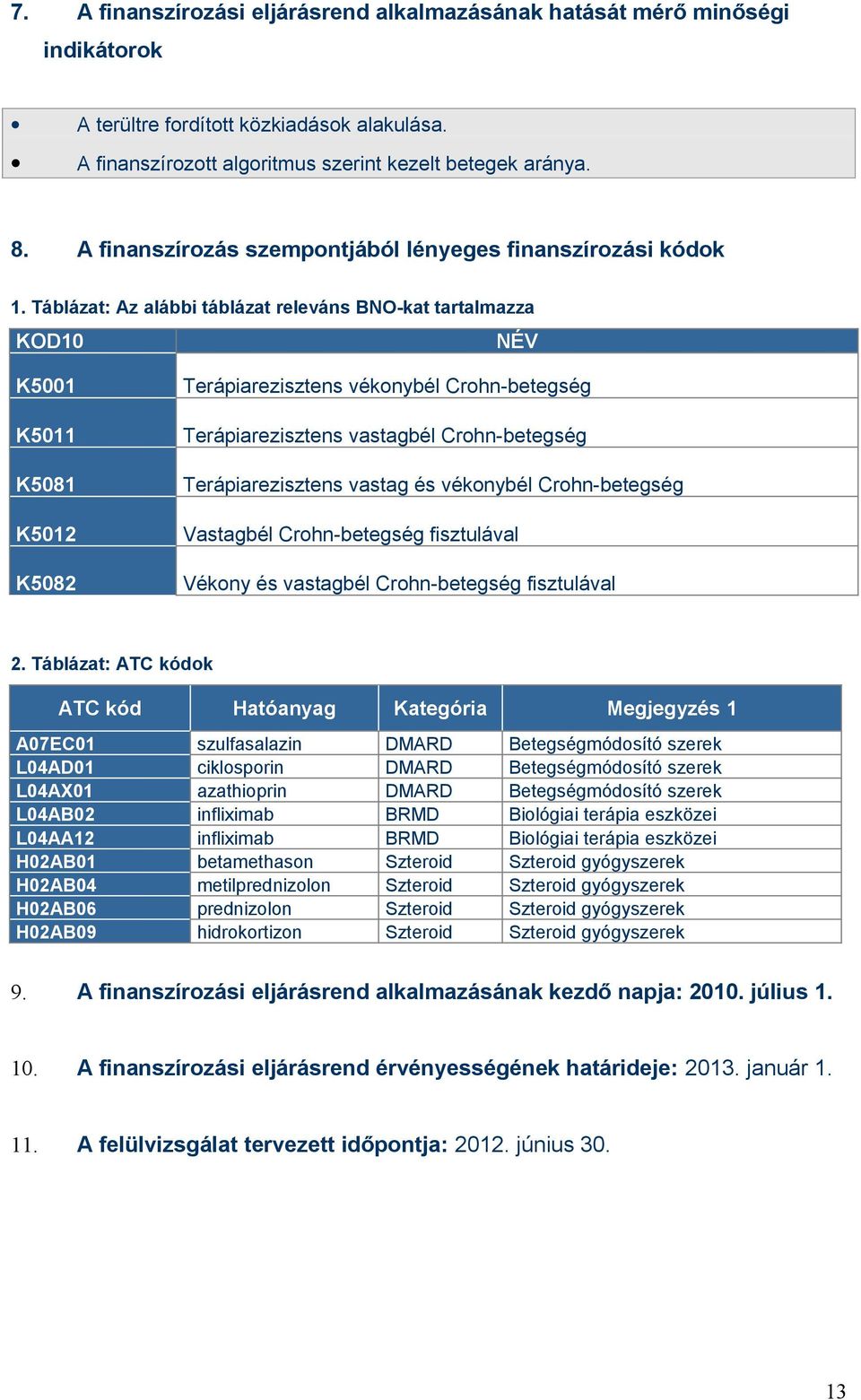 Táblázat: Az alábbi táblázat releváns BNO-kat tartalmazza KOD10 NÉV K5001 K5011 K5081 K5012 K5082 Terápiarezisztens vékonybél Crohn-betegség Terápiarezisztens vastagbél Crohn-betegség
