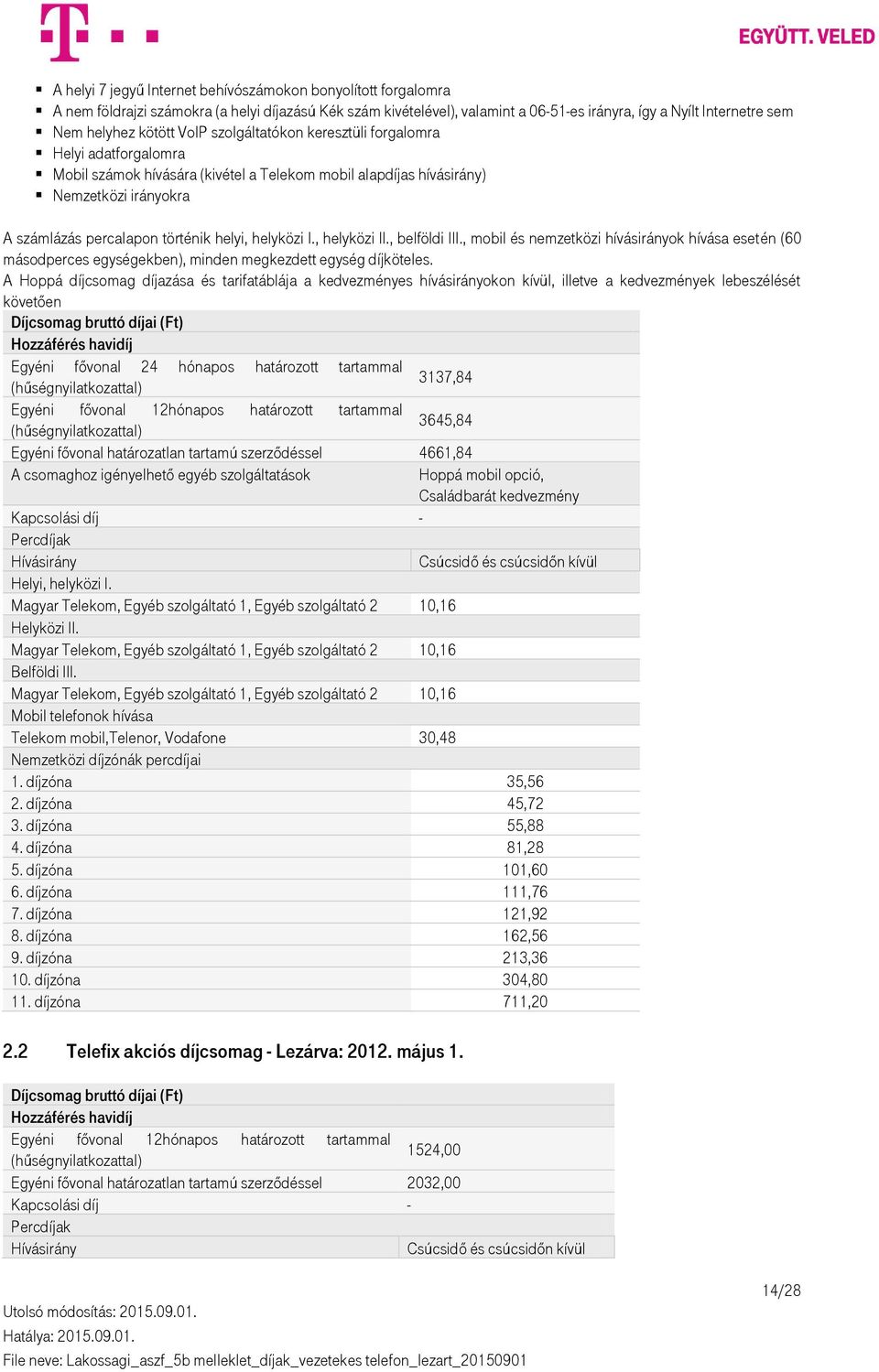 helyközi I., helyközi II., belföldi III., mobil és nemzetközi hívásirányok hívása esetén (60 másodperces egységekben), minden megkezdett egység díjköteles.