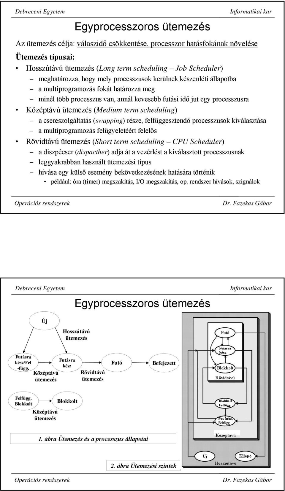 a csereszolgáltatás (swapping) része, felfüggesztendő processzusok kiválasztása a multiprogramozás felügyeletéért felelős Rövidtávú ütemezés (Short term scheduling CPU Scheduler) a diszpécser