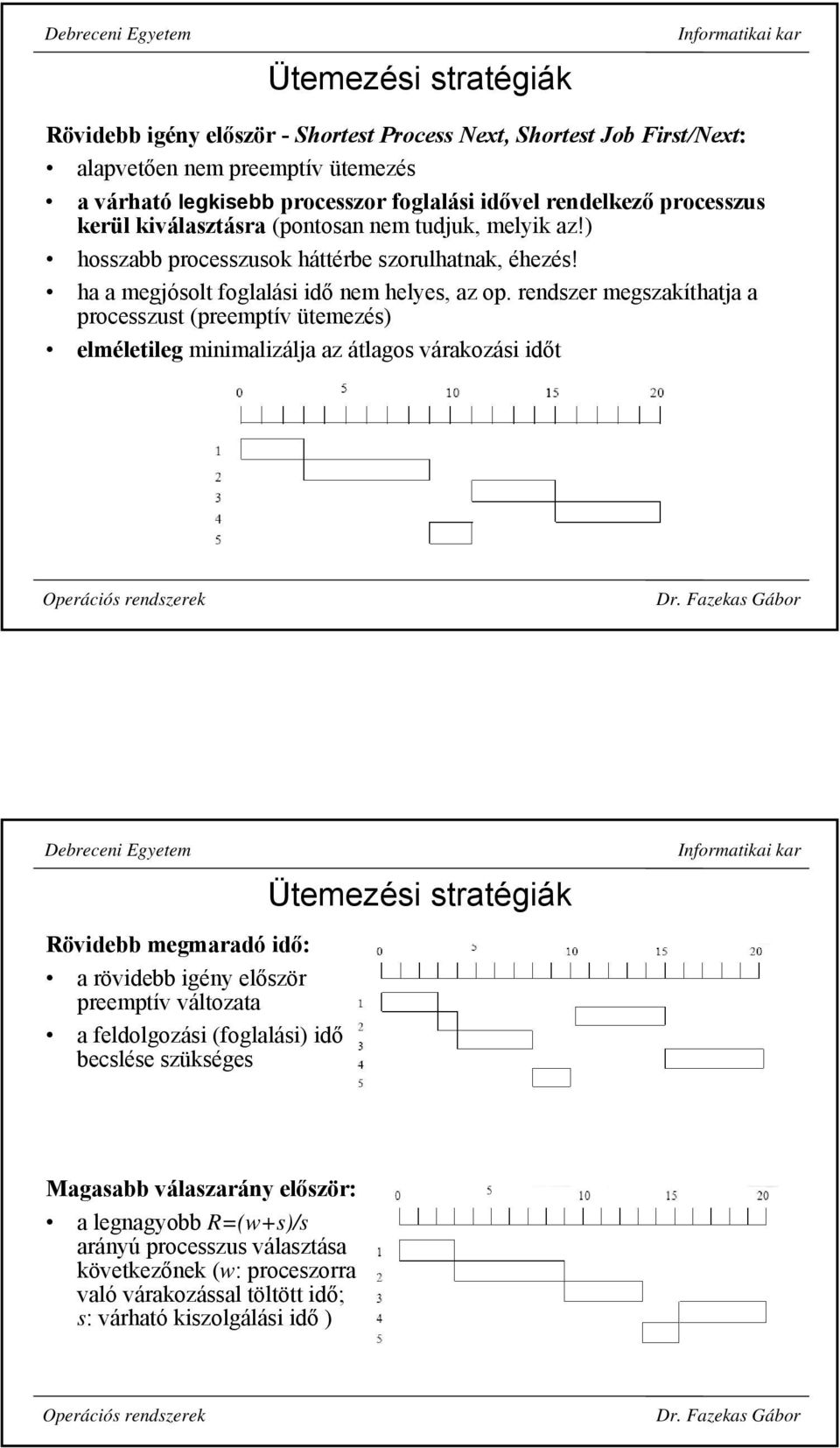 rendszer megszakíthatja a processzust (preemptív ütemezés) elméletileg minimalizálja az átlagos várakozási időt Rövidebb megmaradó idő: a rövidebb igény először preemptív változata a