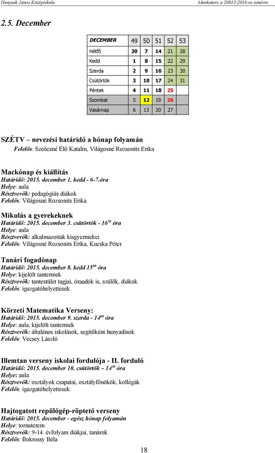 óra Résztvevők: pedagógiás diákok Felelős: Világosné Rozsonits Erika Mikulás a gyerekeknek Határidő: 2015. december 3.