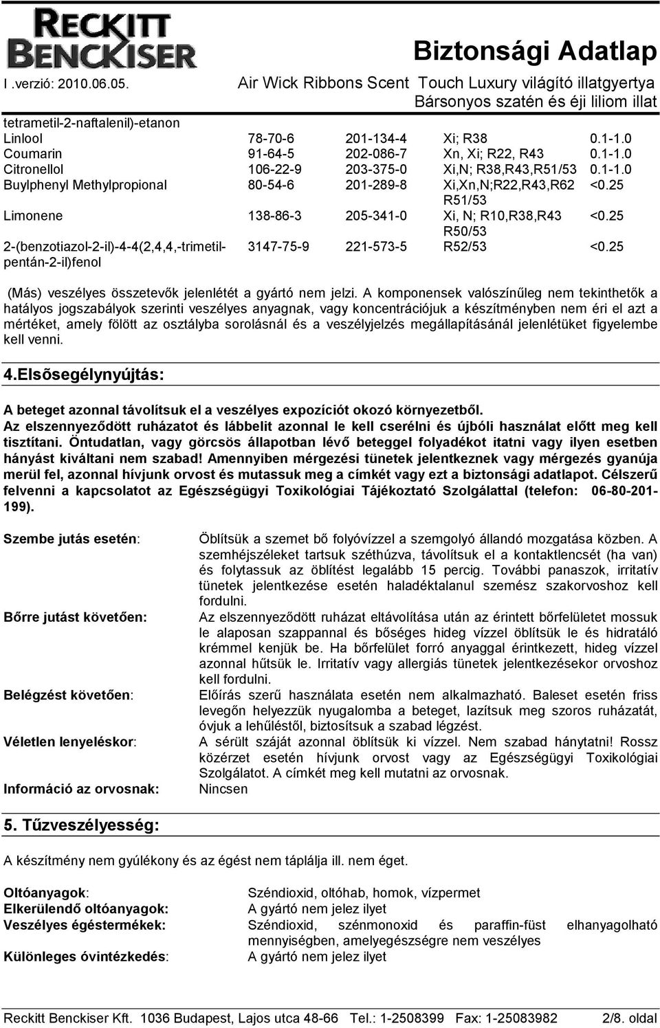 25 pentán-2-il)fenol (Más) veszélyes összetevık jelenlétét a gyártó nem jelzi.
