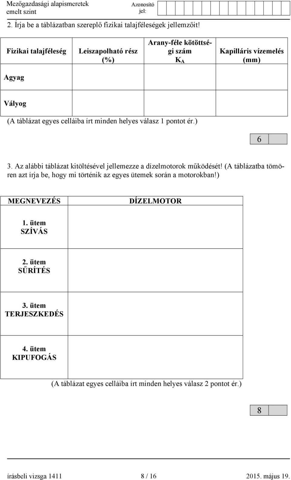 helyes válasz 1 pontot ér.) 6 3. Az alábbi táblázat kitöltésével jellemezze a dízelmotorok működését!