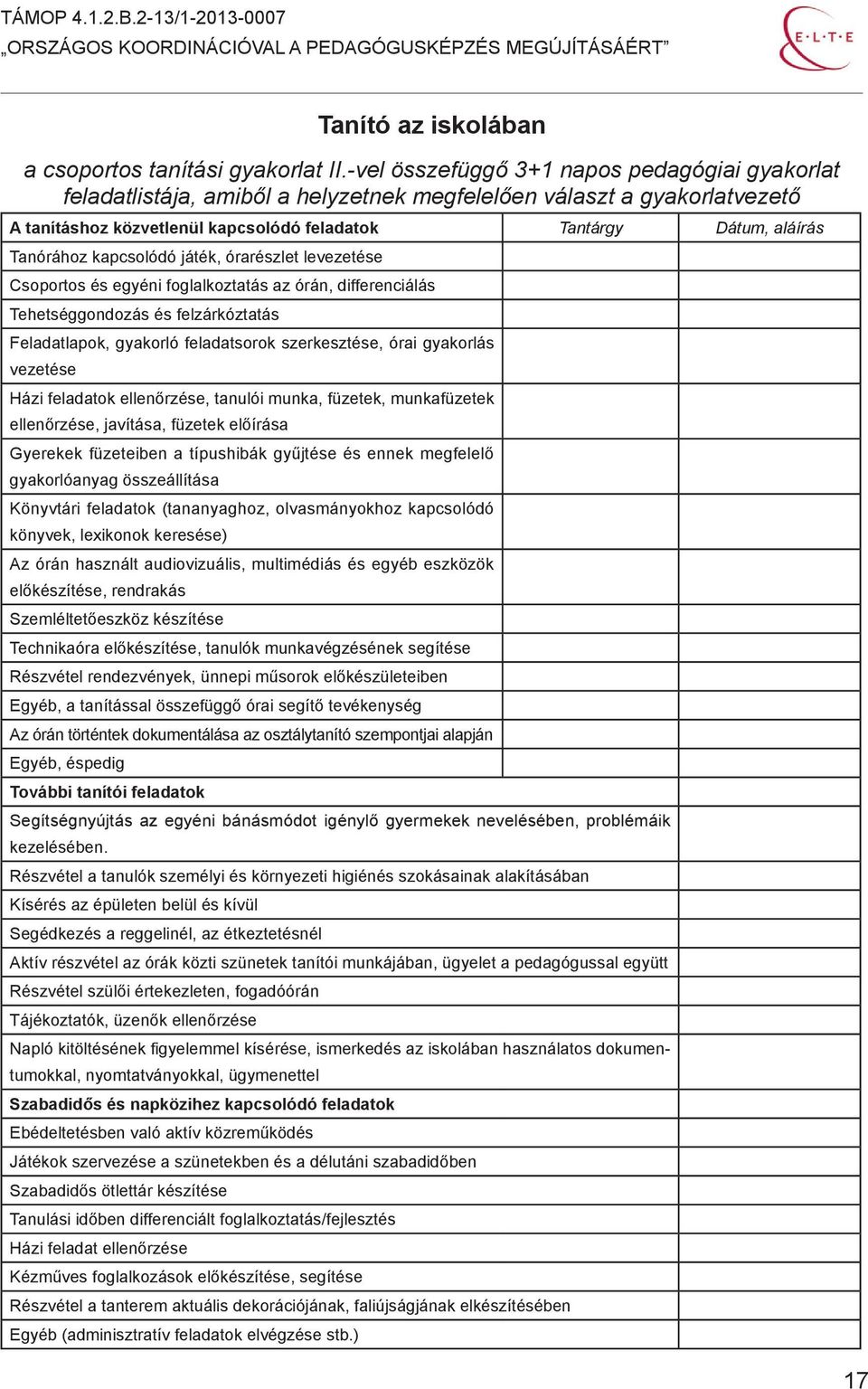 Tanórához kapcsolódó játék, órarészlet levezetése Csoportos és egyéni foglalkoztatás az órán, differenciálás Tehetséggondozás és felzárkóztatás Feladatlapok, gyakorló feladatsorok szerkesztése, órai