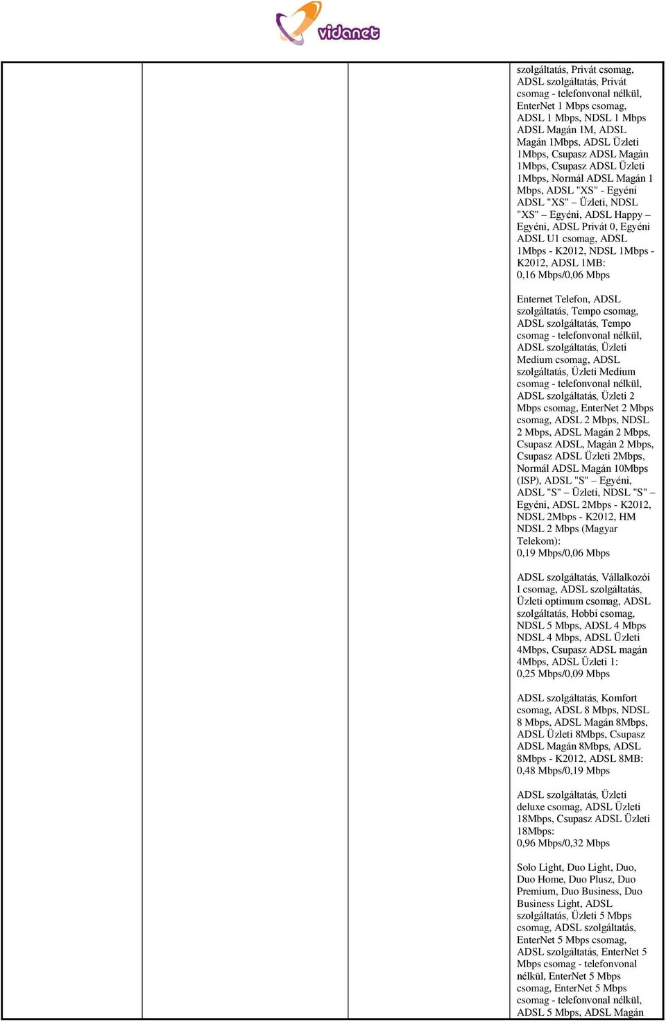 1MB: 0,16 Mbps/0,06 Mbps Enternet Telefon, ADSL szolgáltatás, Tempo csomag, ADSL szolgáltatás, Tempo ADSL szolgáltatás, Üzleti Medium csomag, ADSL szolgáltatás, Üzleti Medium ADSL szolgáltatás,
