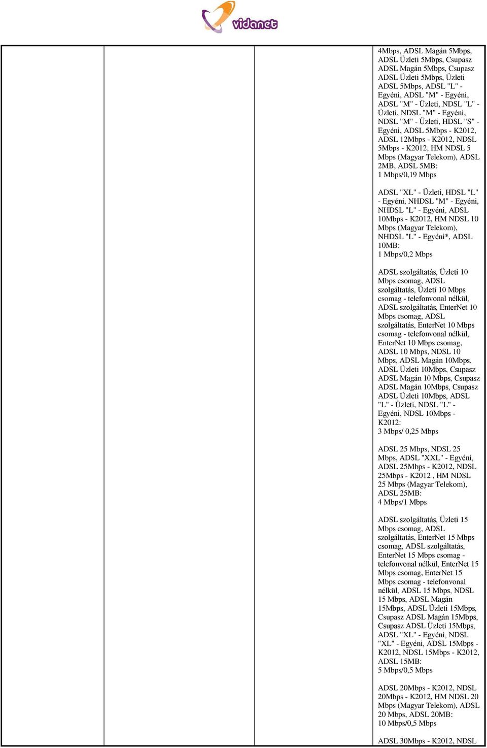 Üzleti, HDSL "L" - Egyéni, NHDSL "M" - Egyéni, NHDSL "L" - Egyéni, ADSL 10Mbps - K2012, HM NDSL 10 Mbps (Magyar Telekom), NHDSL "L" - Egyéni*, ADSL 10MB: 1 Mbps/0,2 Mbps ADSL szolgáltatás, Üzleti 10