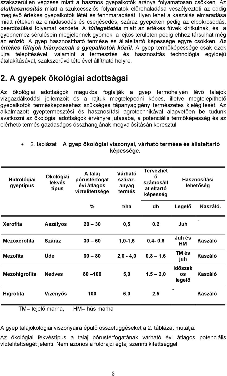 Ilyen lehet a kaszálás elmaradása miatt réteken az elnádasodás és cserjésedés, száraz gyepeken pedig az elbokrosodás, beerdősülési folyamat kezdete.