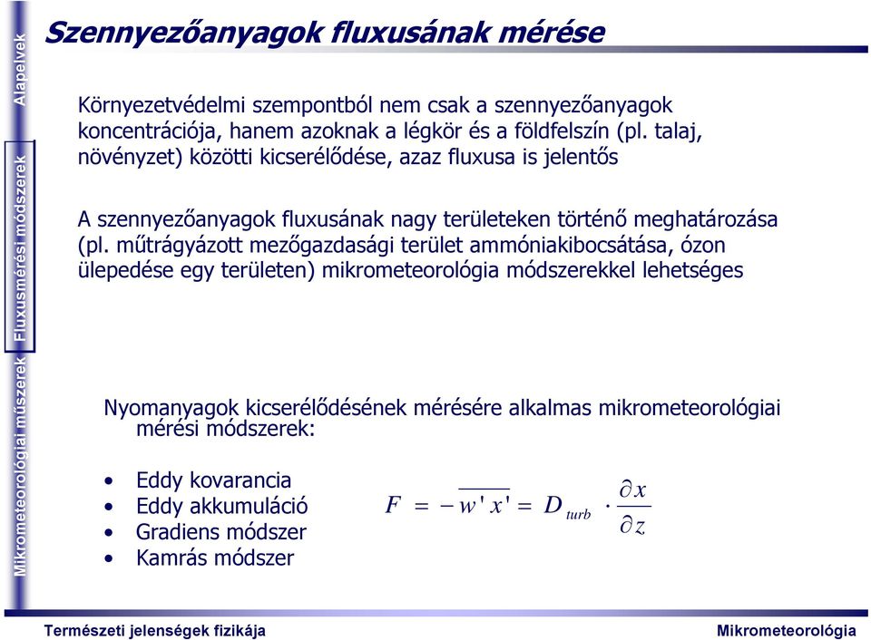 műtrágyázott mezőgazdasági terület ammóniakibocsátása, ózon ülepedése egy területen) mikrometeorológia módszerekkel lehetséges i műszerek