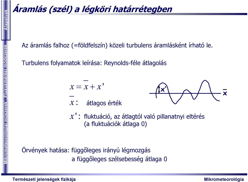 Trblens folyamatok leírása: Reynolds-féle átlagolás x= x+ x' x : x ': átlagos érték