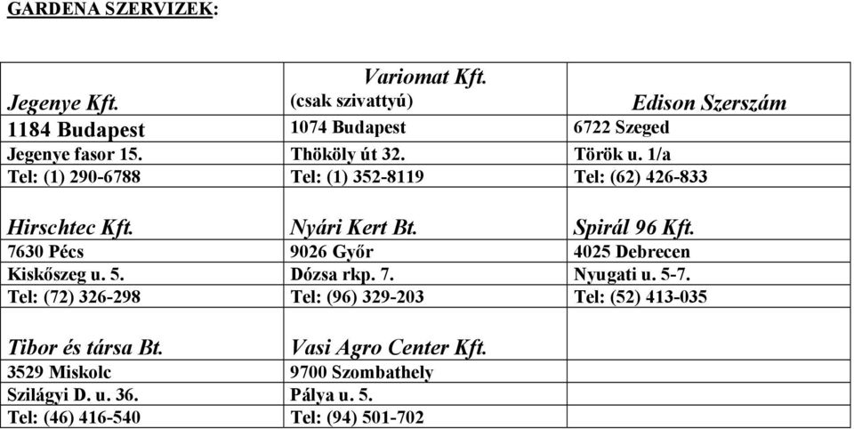 1/a Tel: (1) 290-6788 Tel: (1) 352-8119 Tel: (62) 426-833 Hirschtec Kft. Nyári Kert Bt. Spirál 96 Kft.