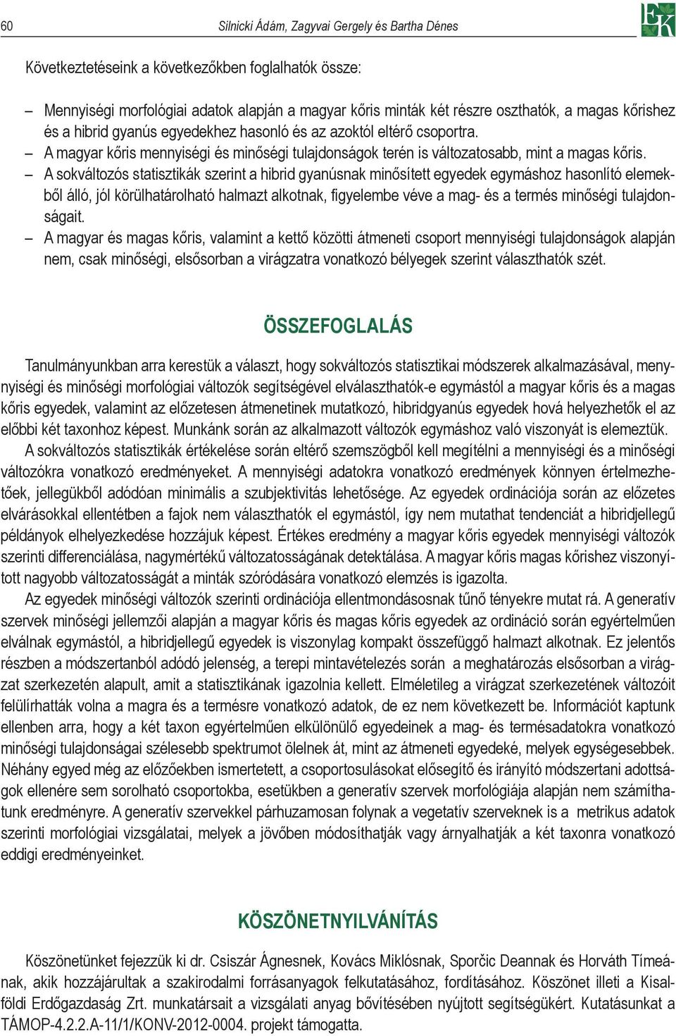 A sokváltozós statisztikák szerint a hibrid gyanúsnak minősített egyedek egymáshoz hasonlító elemekből álló, jól körülhatárolható halmazt alkotnak, figyelembe véve a mag- és a termés minőségi