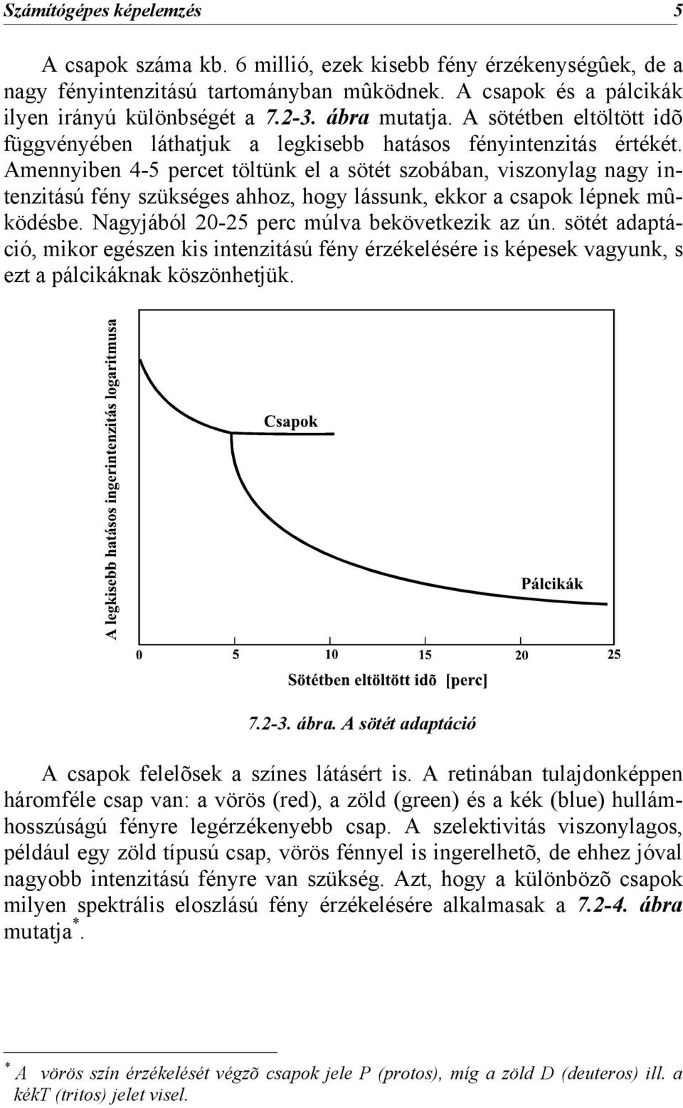 Amennyiben 4-5 percet töltünk el a sötét szobában, viszonylag nagy intenzitású fény szükséges ahhoz, hogy lássunk, ekkor a csapok lépnek mûködésbe. Nagyjából 20-25 perc múlva bekövetkezik az ún.