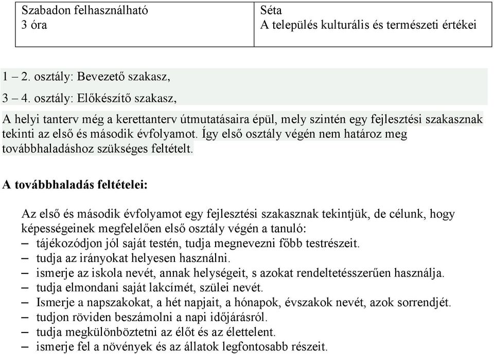 Így első osztály végén nem határoz meg továbbhaladáshoz szükséges feltételt.