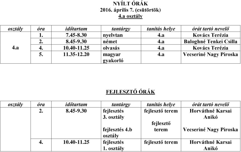 a Vecseriné Nagy Piroska FEJLESZTŐ ÓRÁK 2. 8.45-9.30 fejlesztés 3.