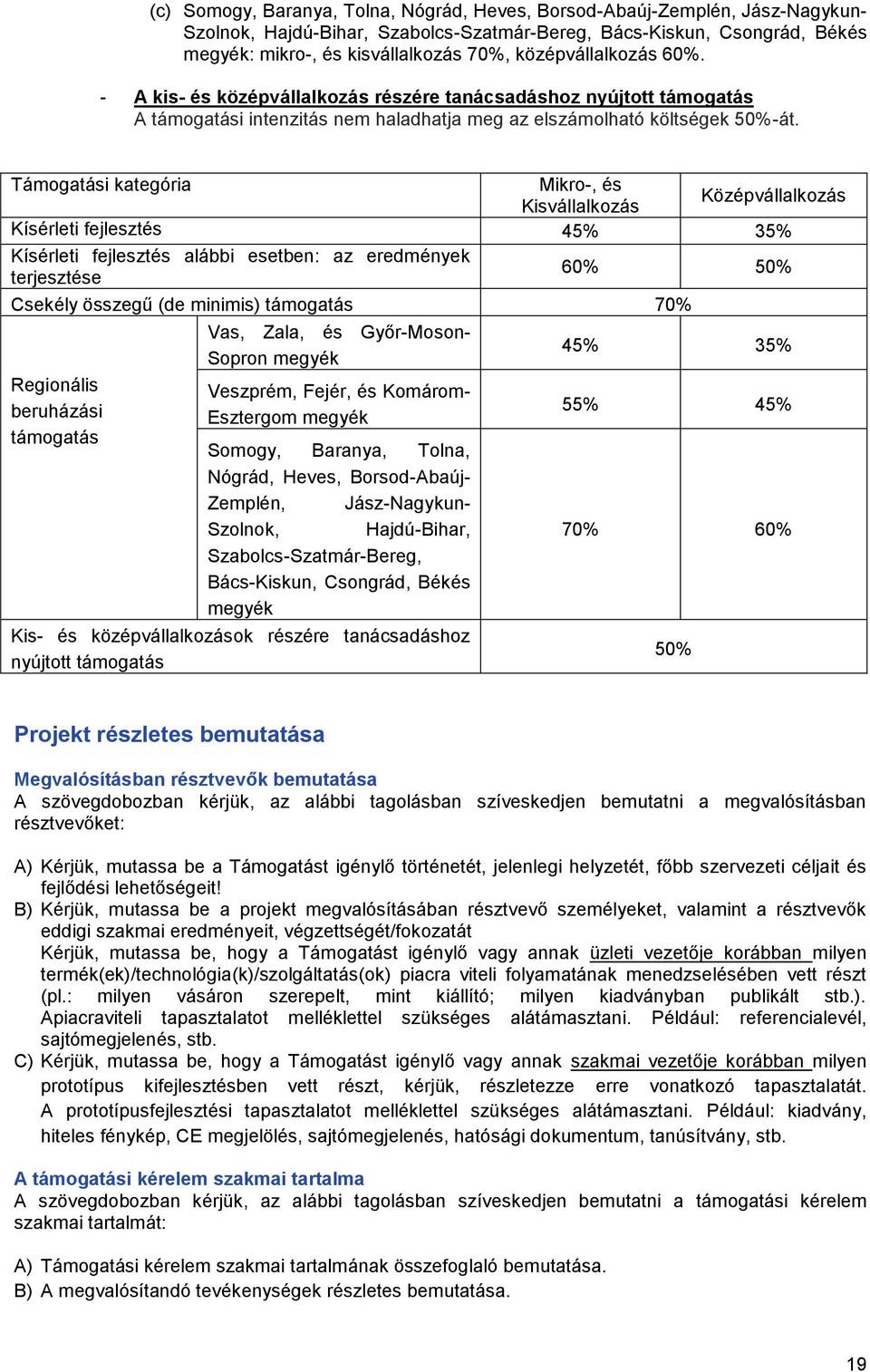 Támogatási kategória Mikro-, és Kisvállalkozás Középvállalkozás Kísérleti fejlesztés 45% 35% Kísérleti fejlesztés alábbi esetben: az eredmények terjesztése 60% 50% Csekély összegű (de minimis)