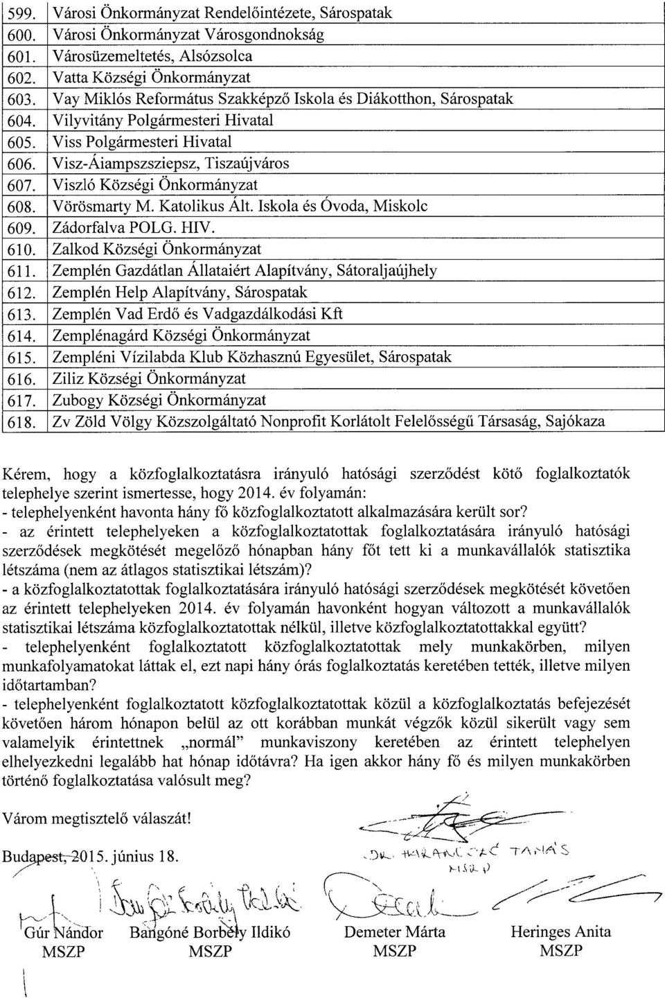 Viszló Községi Önkormányzat 608. Vörösmarty M. Katolikus Ált. Iskola és Óvoda, Miskol c 609. Zádorfalva POLG. HIV. 610. Zalkod Községi Önkormányzat 611.