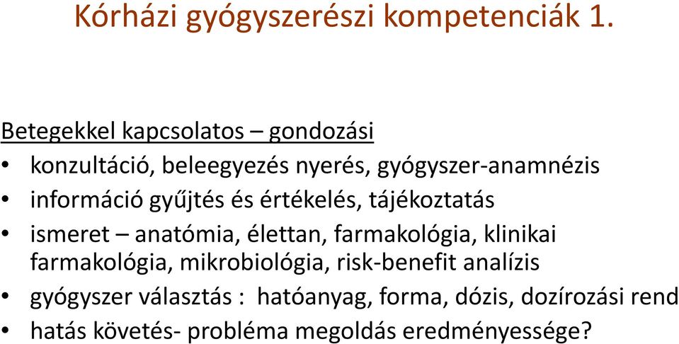 információ gyűjtés és értékelés, tájékoztatás ismeret anatómia, élettan, farmakológia, klinikai