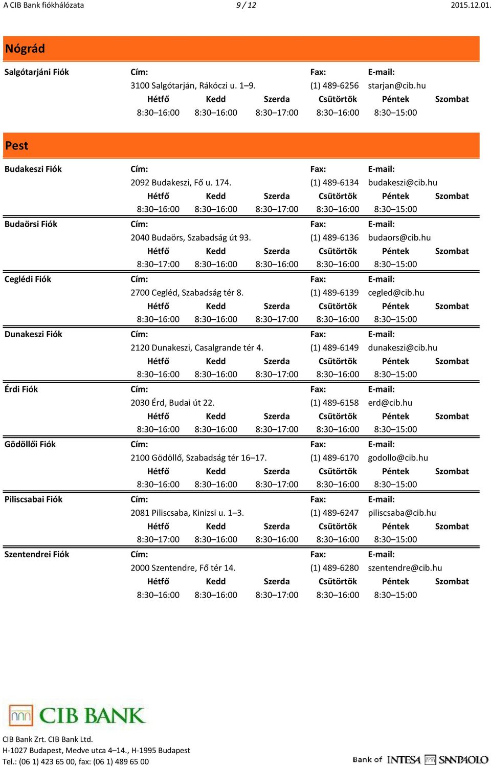 hu 2040 Budaörs, Szabadság út 93. (1) 489-6136 budaors@cib.hu 2700 Cegléd, Szabadság tér 8. (1) 489-6139 cegled@cib.hu 2120 Dunakeszi, Casalgrande tér 4.