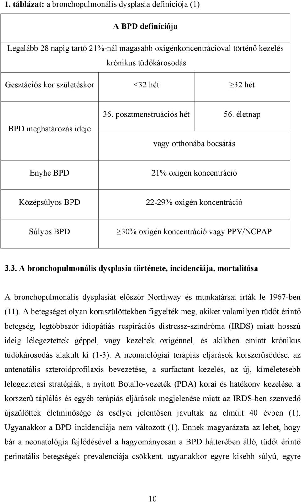 életnap vagy otthonába bocsátás Enyhe BPD 21% oxigén koncentráció Középsúlyos BPD 22-29% oxigén koncentráció Súlyos BPD 30