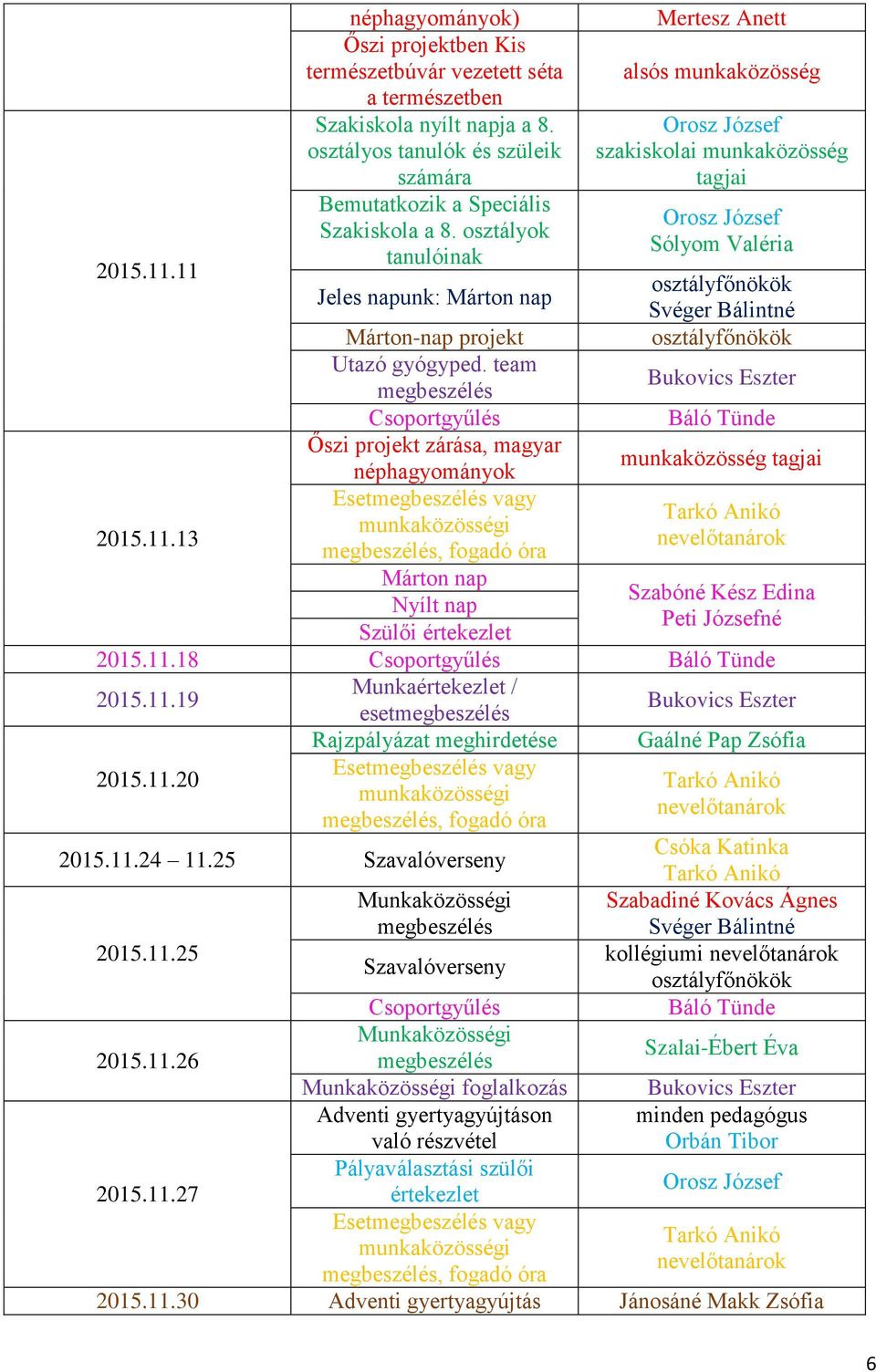11 Jeles napunk: Márton nap Márton-nap projekt Utazó gyógyped. team Őszi projekt zárása, magyar néphagyományok munkaközösség tagjai 2015.11.13 Márton nap Szabóné Kész Edina Nyílt nap Peti Józsefné Szülői értekezlet 2015.