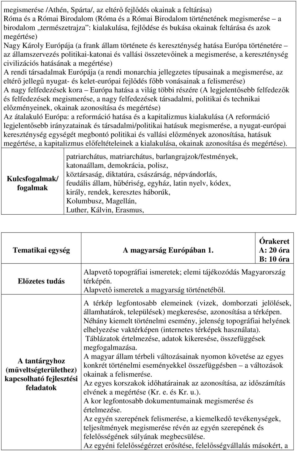 megismerése, a kereszténység civilizációs hatásának a megértése) A rendi társadalmak Európája (a rendi monarchia jellegzetes típusainak a megismerése, az eltérő jellegű nyugat- és kelet-európai