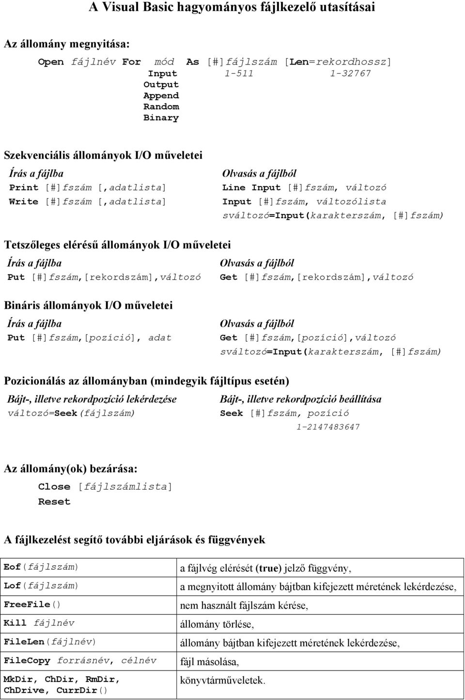I/O műveletei Put [#]fszám,[rekordszám],változó Get [#]fszám,[rekordszám],változó Bináris állományok I/O műveletei Put [#]fszám,[pozíció], adat Get [#]fszám,[pozíció],változó