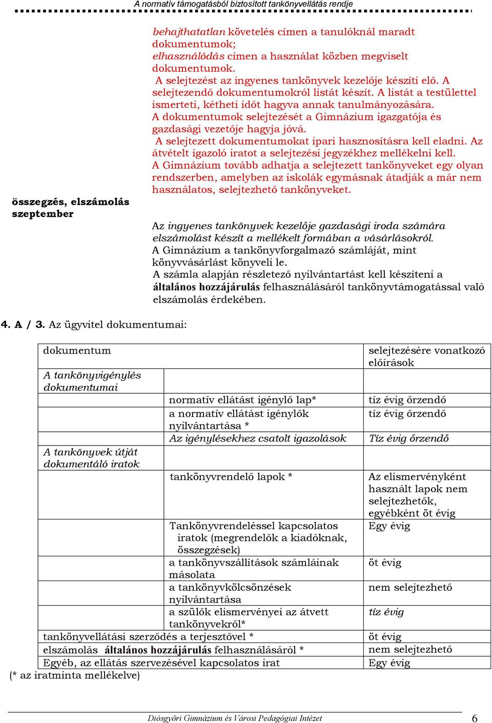 A dokumentumok selejtezését a Gimnázium igazgatója és gazdasági vezetője hagyja jóvá. A selejtezett dokumentumokat ipari hasznosításra kell eladni.