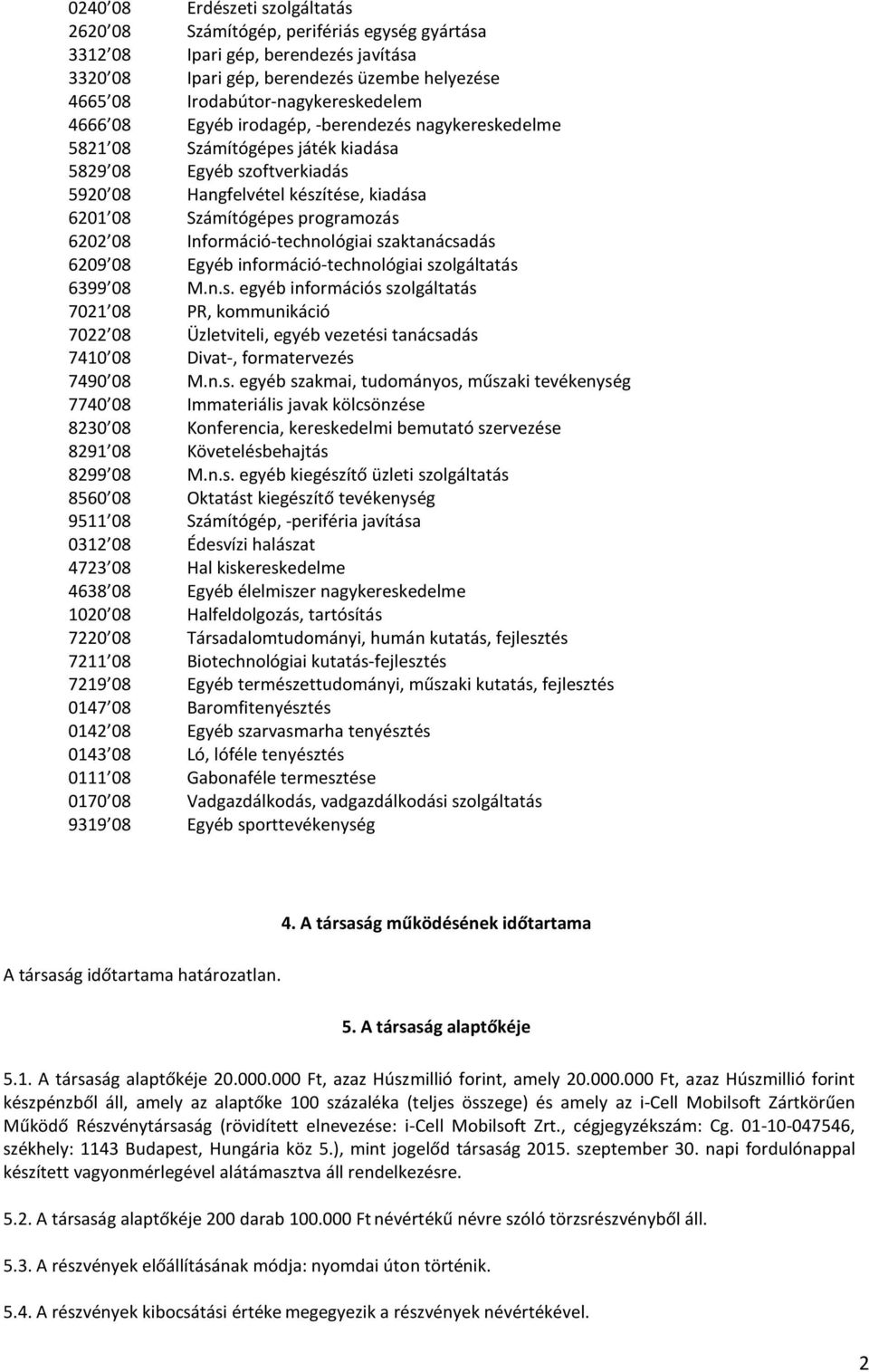 Információ-technológiai szaktanácsadás 6209 08 Egyéb információ-technológiai szolgáltatás 6399 08 M.n.s. egyéb információs szolgáltatás 7021 08 PR, kommunikáció 7022 08 Üzletviteli, egyéb vezetési tanácsadás 7410 08 Divat-, formatervezés 7490 08 M.