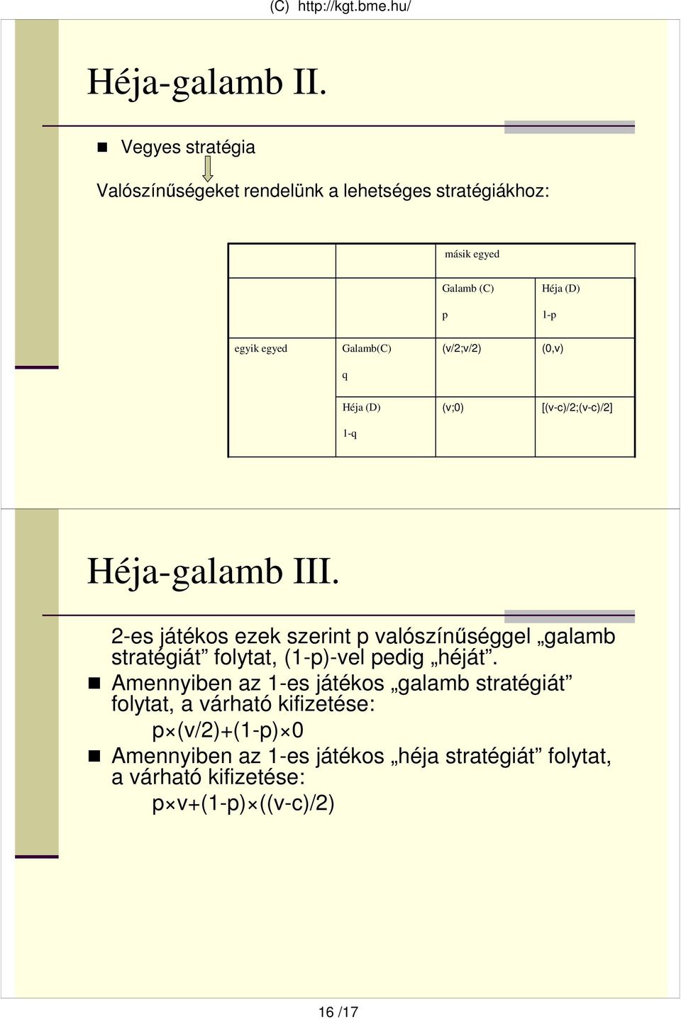 Galamb(C (v/;v/ (0,v q Héja (D (v;0 [(v-c/;(v-c/] 1-q Héja-galamb III.