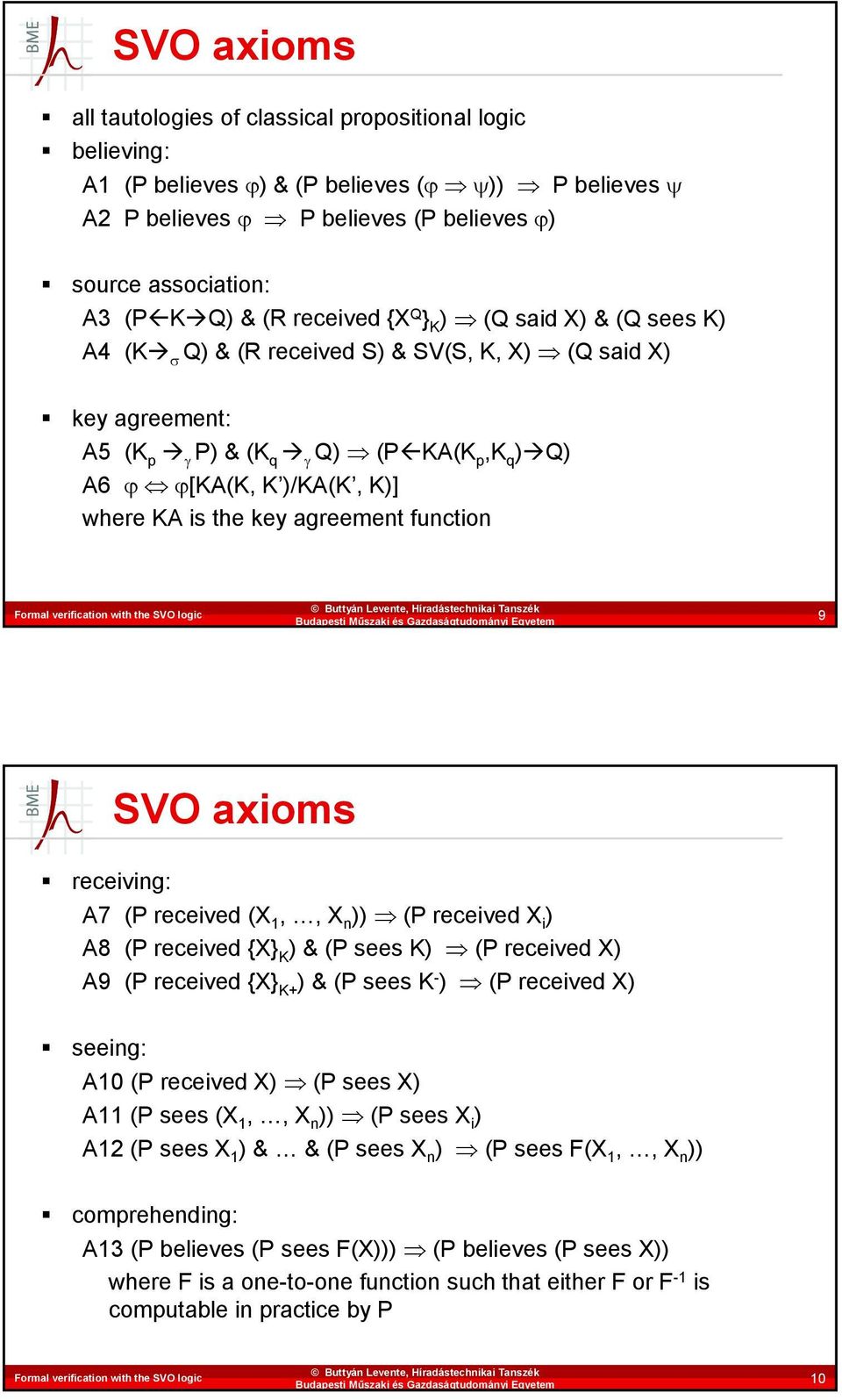 the key agreement function 9 SVO axioms receiving: A7 (P received (X 1,, X n )) (P received X i ) A8 (P received {X} K )&(P sees K) (P received X) A9 (P received {X} K+ )&(P sees K - ) (P received X)