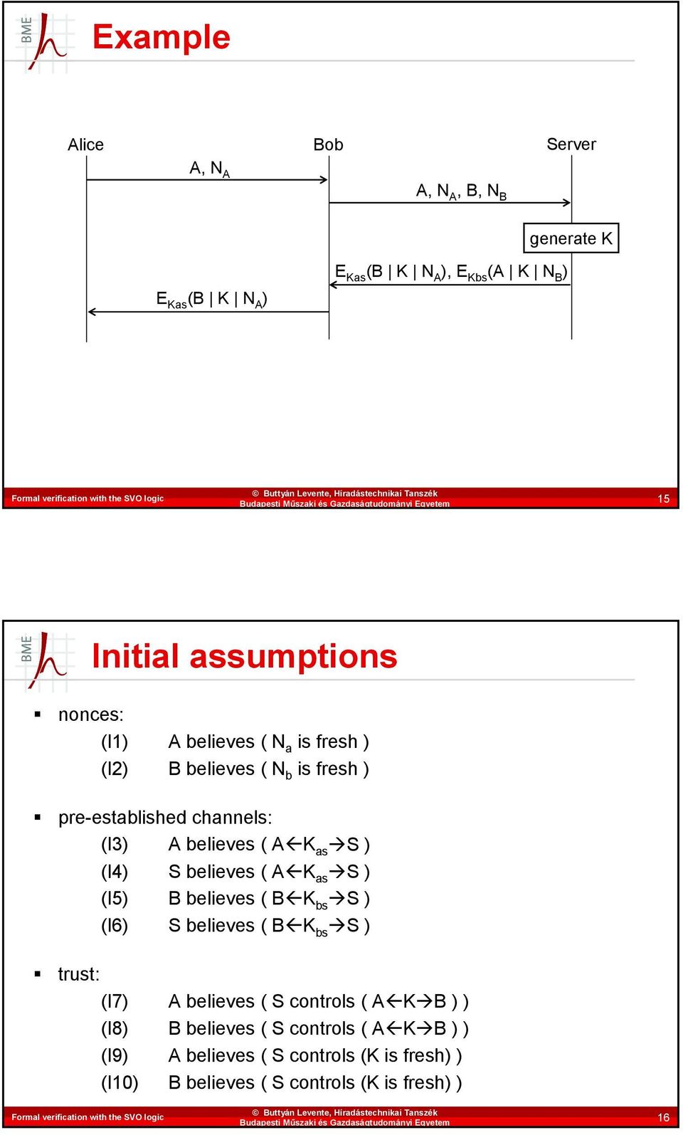 K as S) (I4) S believes ( A K as S) (I5) B believes ( B K bs S) (I6) S believes ( B K bs S) trust: (I7) A believes ( S controls ( A