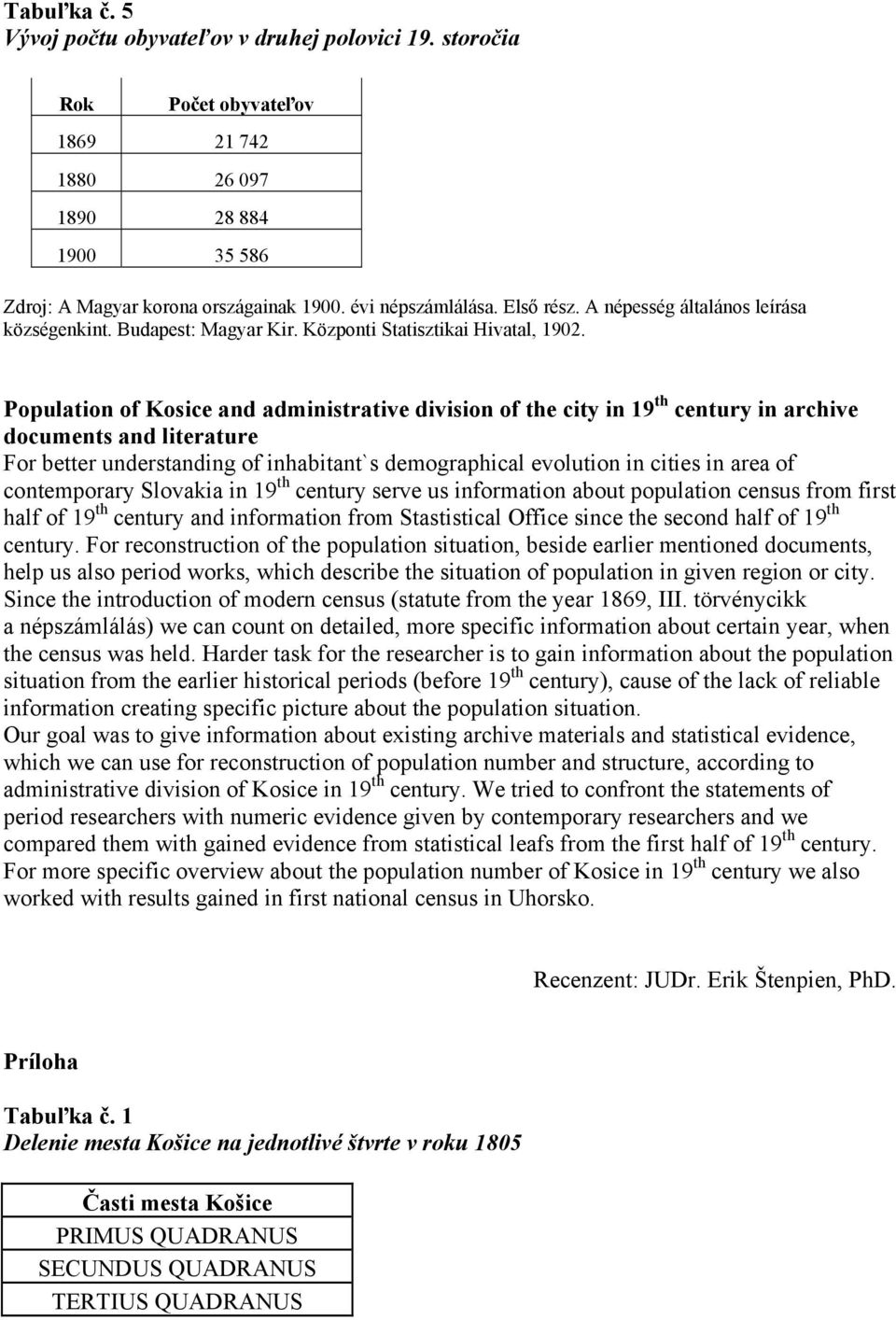 Population of Kosice and administrative division of the city in 19 th century in archive documents and literature For better understanding of inhabitant`s demographical evolution in cities in area of