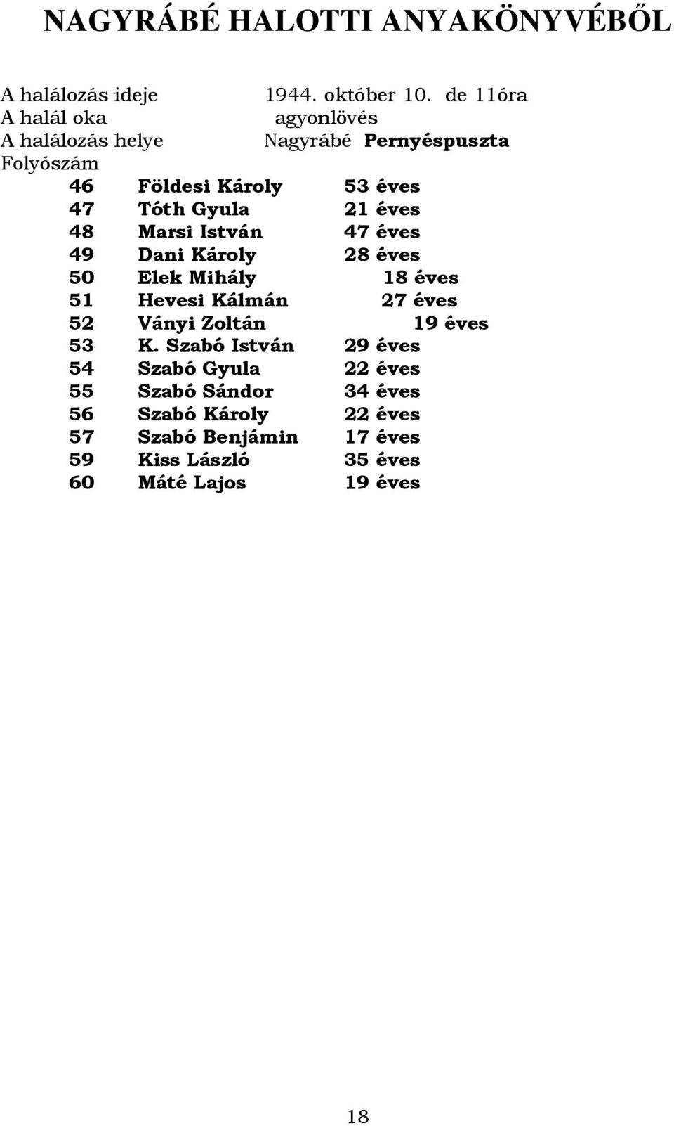Gyula 21 éves 48 Marsi István 47 éves 49 Dani Károly 28 éves 50 Elek Mihály 18 éves 51 Hevesi Kálmán 27 éves 52 Ványi