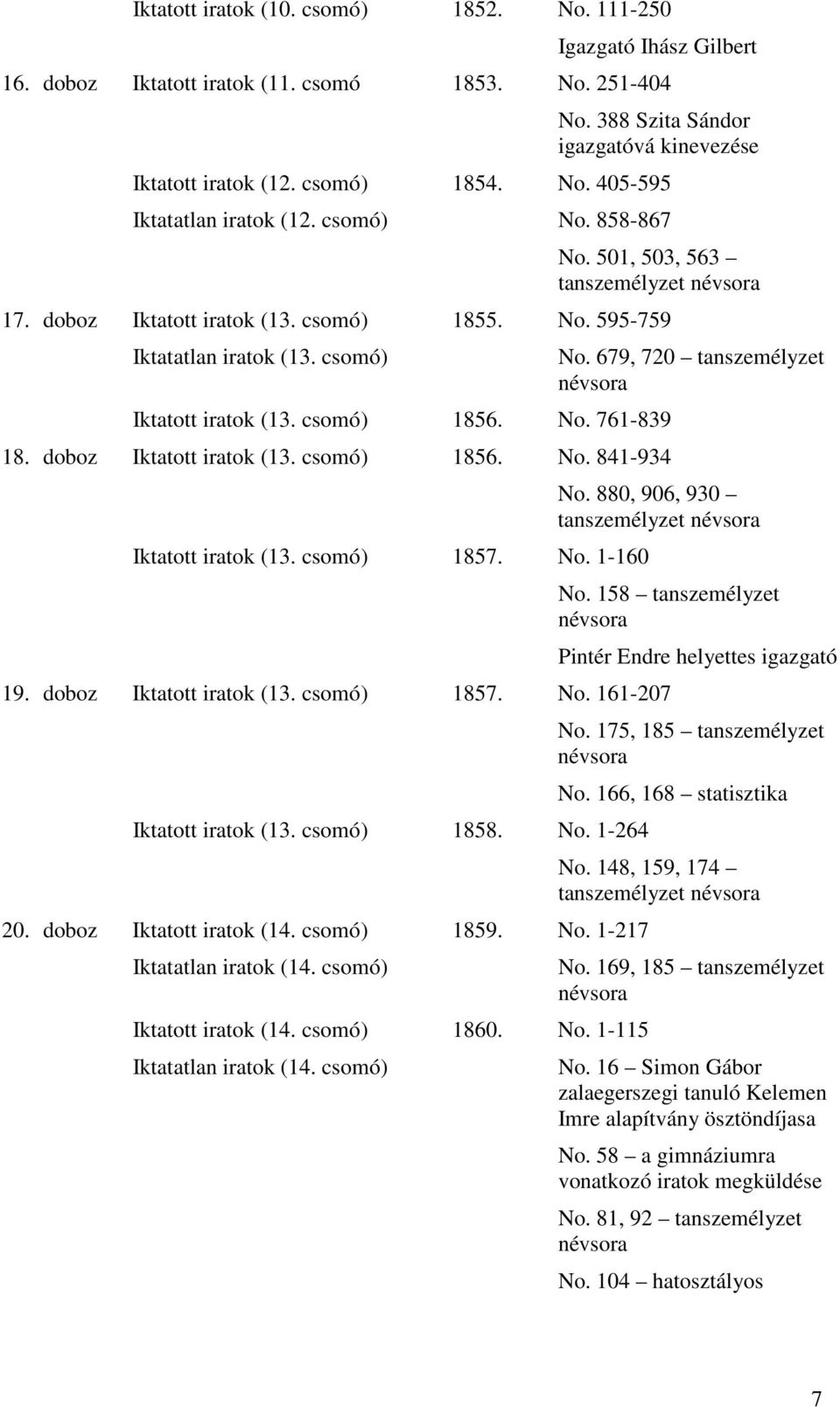csomó) 1856. No. 761-839 18. doboz Iktatott iratok (13. csomó) 1856. No. 841-934 Iktatott iratok (13. csomó) 1857. No. 1-160 No. 679, 720 tanszemélyzet névsora No.