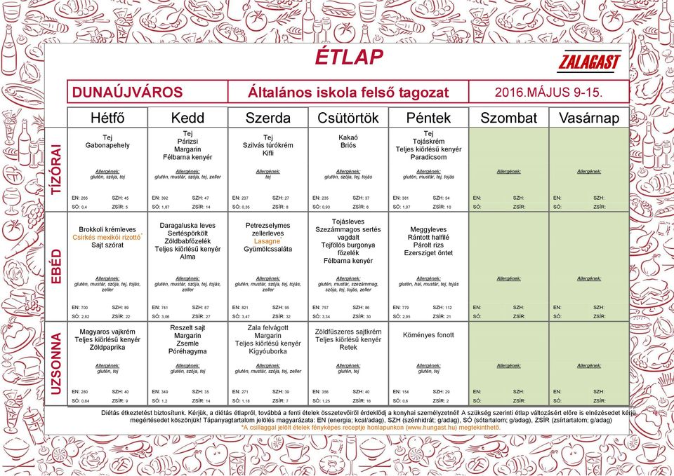 Zöldbabfőzelék Petrezselymes leves Lasagne* Gyümölcssaláta Tojásleves Szezámmagos sertés vagdalt fölös burgonya főzelék glutén, mustár, szezámmag, szója, tej, tojás, Meggyleves Rántott halfilé Párolt