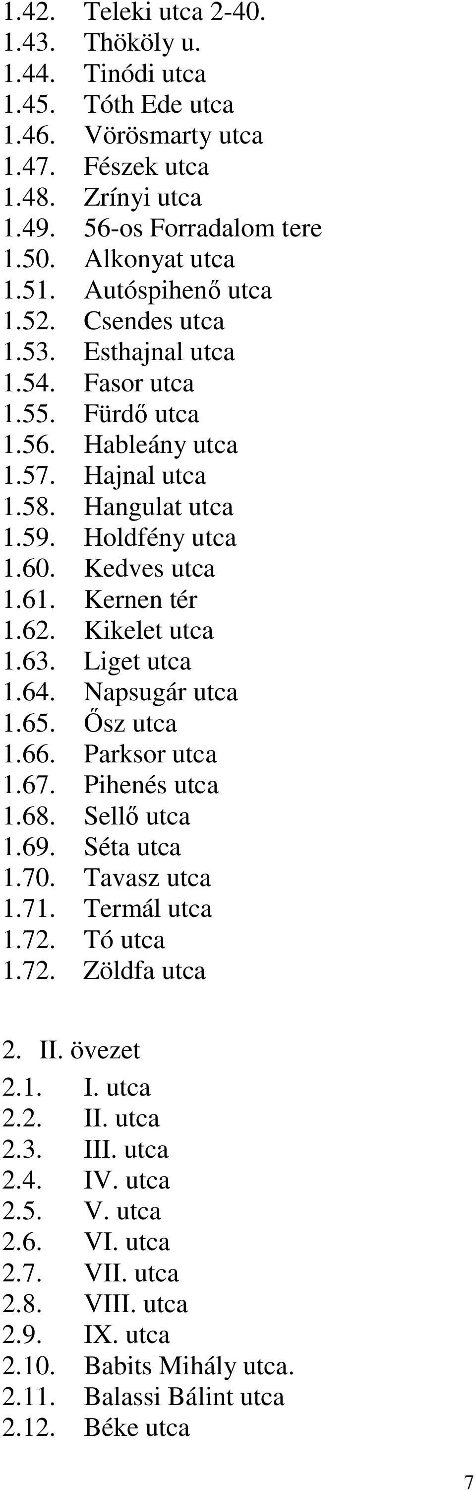 Kernen tér 1.62. Kikelet utca 1.63. Liget utca 1.64. Napsugár utca 1.65. Ősz utca 1.66. Parksor utca 1.67. Pihenés utca 1.68. Sellő utca 1.69. Séta utca 1.70. Tavasz utca 1.71. Termál utca 1.72.