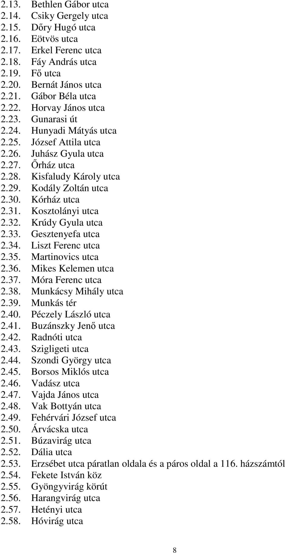 Kórház utca 2.31. Kosztolányi utca 2.32. Krúdy Gyula utca 2.33. Gesztenyefa utca 2.34. Liszt Ferenc utca 2.35. Martinovics utca 2.36. Mikes Kelemen utca 2.37. Móra Ferenc utca 2.38.