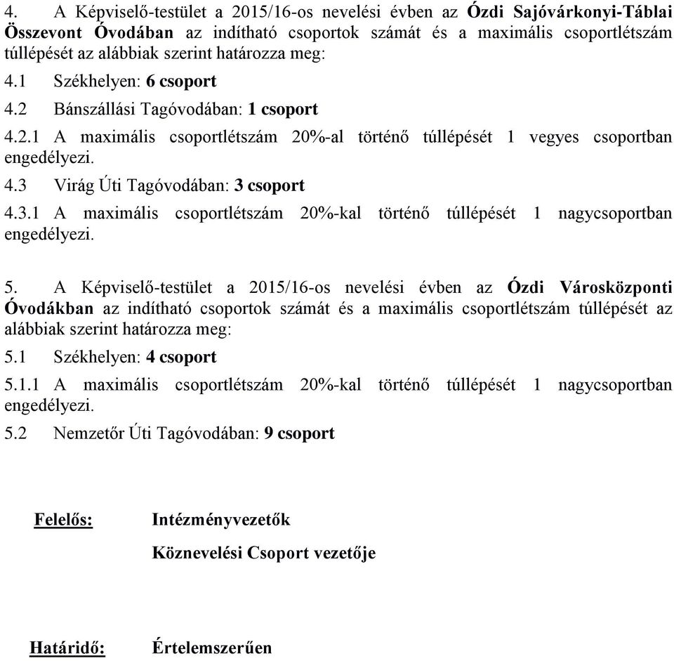 Virág Úti Tagóvodában: 3 csoport 4.3.1 A maximális csoportlétszám 20%-kal történő túllépését 1 nagycsoportban 5.