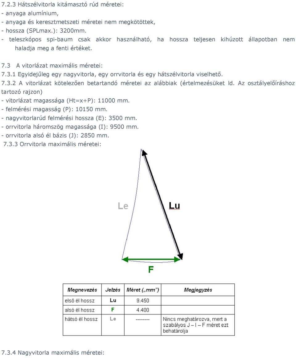 A vitorlázat maximális méretei: 7.3.1 Egyidejűleg egy nagyvitorla, egy orrvitorla és egy hátszélvitorla viselhető. 7.3.2 A vitorlázat kötelezően betartandó méretei az alábbiak (értelmezésüket ld.