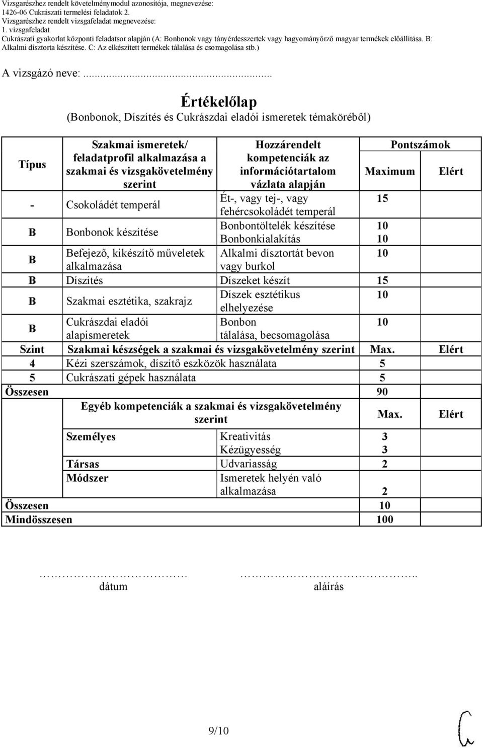 információtartalom vázlata alapján Ét-, vagy tej-, vagy fehércsokoládét temperál onbontöltelék készítése onbonkialakítás Alkalmi dísztortát bevon vagy burkol Maximum 15 Pontszámok onbonok készítése